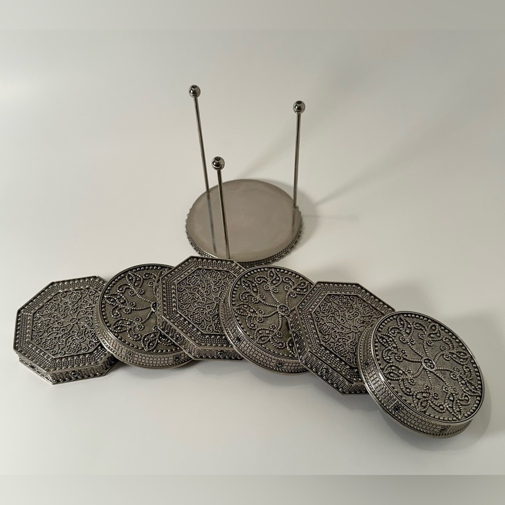 Vintage WALLACE Silver Coasters, Black Rhinestones, Rare7 Pieces, 2  Shapes